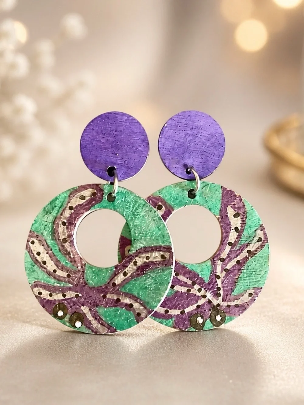 Chic Style Hand Painted Purple & Green Sea Inspired Drop Earrings -